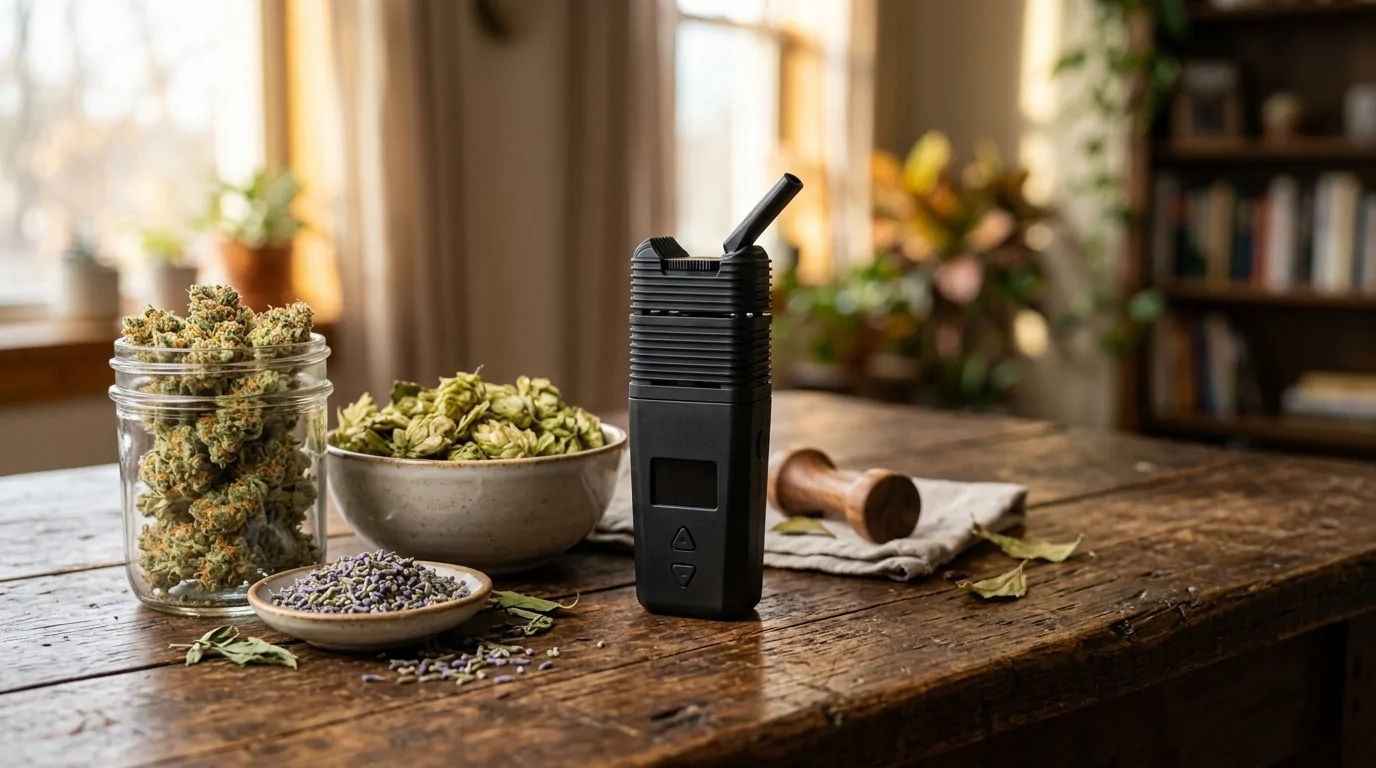 Moderner Dry-Herb-Vaporizer mit Kräutern auf Holztisch