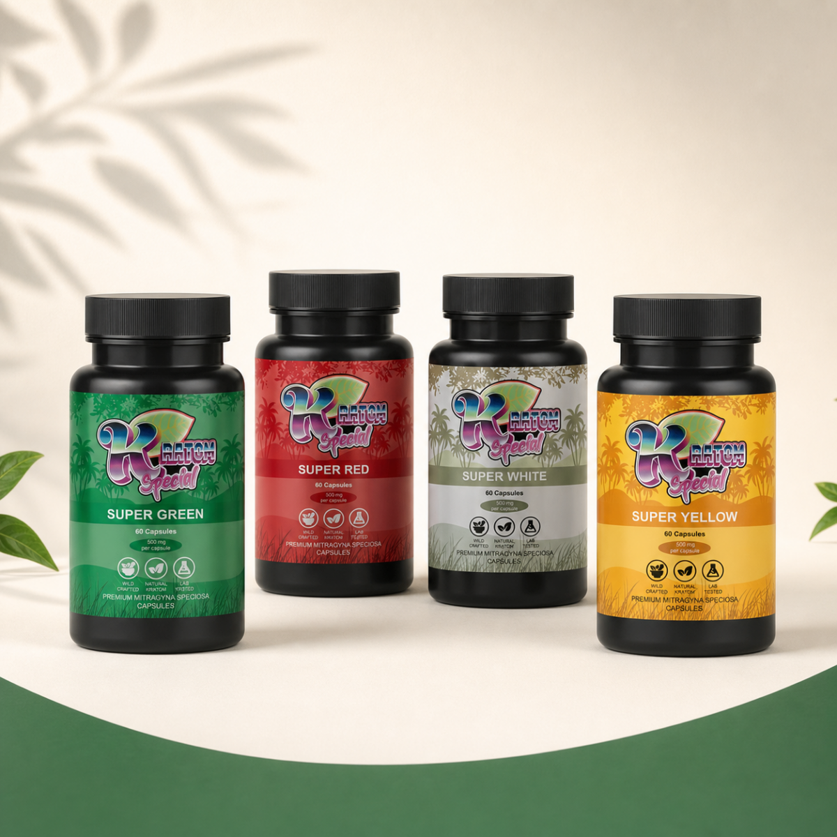 Kratom Kapsel Quartett – 4 × 60 Stück mit den enthaltenen Originalprodukten