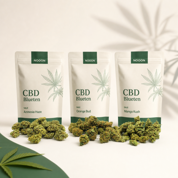 CBD Blüten Sale Trio mit den enthaltenen Originalprodukten